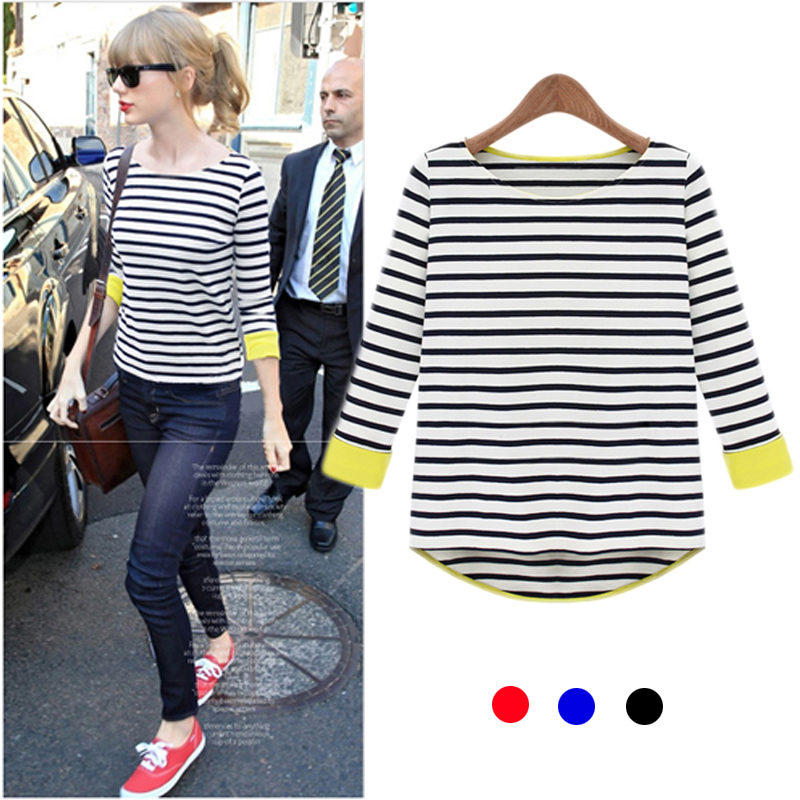 2014新款春装打底衫条纹<em>t恤女长袖</em>欧美大码女