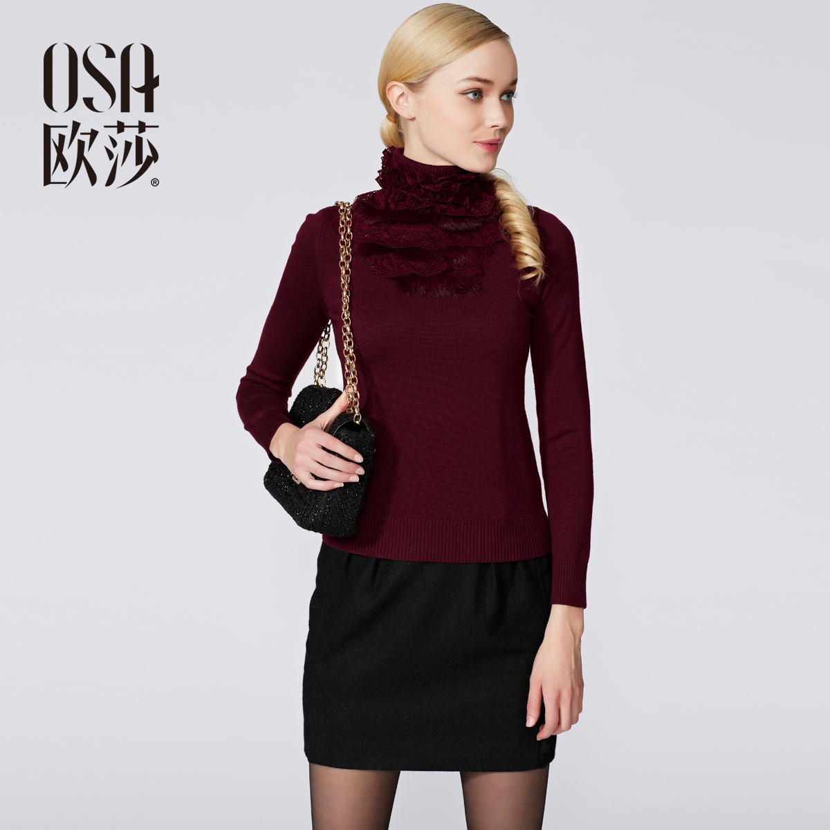 OSA欧莎2013冬季新款女装蕾丝<em>打底衫</em>拼接高