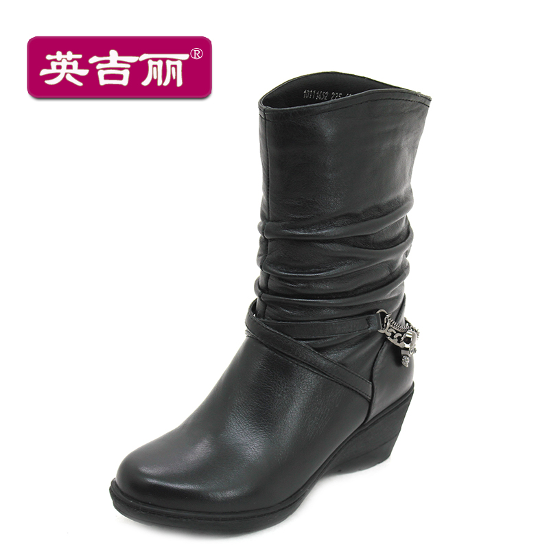 <em>英吉丽女鞋</em>欧美金属装饰休闲坡跟圆头内里绒毛